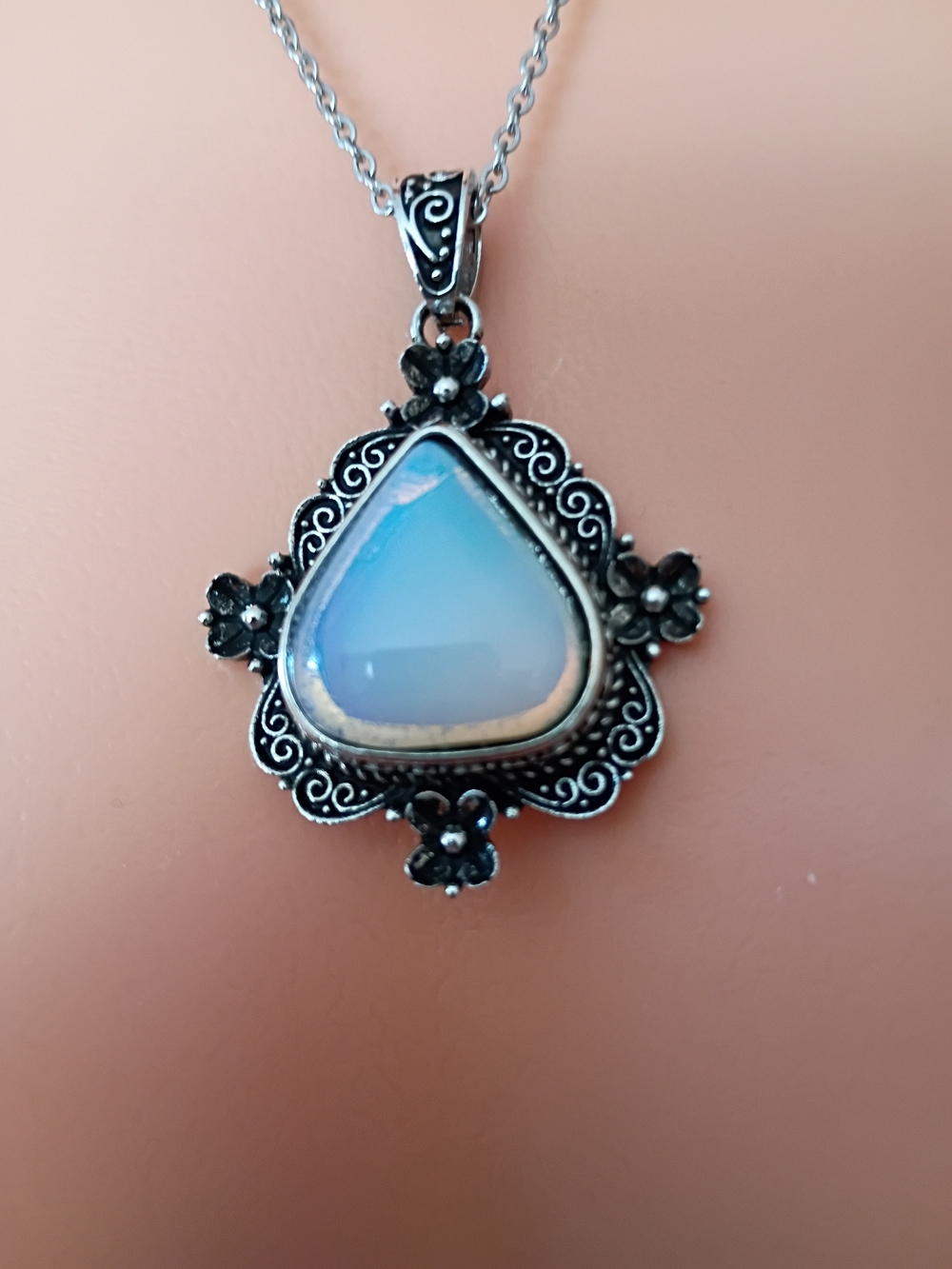 Sterling-Style Blue Opalescent Teardrop Pendant Necklace